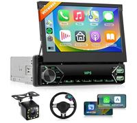 Podofo Single Din Car Stereo with Wireless Carplay Android Auto, 7 inch Foldable HD IPS Touch Screen Bluetooth Radio, Mirror Link, FM, EQ Audio, SWC, Backup Camera, External Mic, 2 USB+Type-C Ports