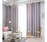 PODSJD Star Curtain Blackout Window Curtain 134W x 210L Double Layer Polyester with Gradient Stripe Tulle Overlay - Light Filtering Privacy for Kids Bedroom Living Room (53" x 63")