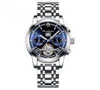 Poedagar Automatic Mechanical Man Wristwatch Hollow Tourbillon Stainless Steel Men Watch Waterproof Luminous Date Men's Watches, Silver Blue
