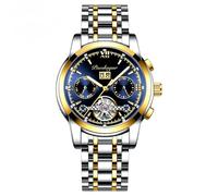 Poedagar Automatic Mechanical Man Wristwatch Hollow Tourbillon Stainless Steel Men Watch Waterproof Luminous Date Men's Watches, Gold Blue