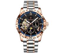 Poedagar Luxury Men Clock Hollow Tourbillon Automatic Mechanical Man Watch Waterproof Luminous Stainless Steel Roman Numerals Dial Men's Watches, RoseGold Blue