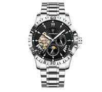 Poedagar Luxury Men Clock Hollow Tourbillon Automatic Mechanical Man Watch Waterproof Luminous Stainless Steel Roman Numerals Dial Men's Watches, Silver Black