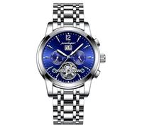 Poedagar Men's Automatic Mechanical Wristwatch Luxury Business Tourbillon Waterproof Stainless Steel Self-Winding Watch with Date Week Display, Silver Blue