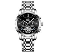 Poedagar Men's Automatic Mechanical Wristwatch Luxury Business Tourbillon Waterproof Stainless Steel Self-Winding Watch with Date Week Display, Silver Black