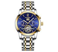 Poedagar Men's Automatic Mechanical Wristwatch Luxury Business Tourbillon Waterproof Stainless Steel Self-Winding Watch with Date Week Display, Gold Blue