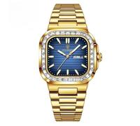 POEDAGAR Men's Luxury Square Watch Waterproof Luminous Date Week Man Watch Stainless Steel Casual Fashion Quartz Men's Watches, Gold Blue