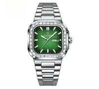 POEDAGAR Men's Luxury Square Watch Waterproof Luminous Date Week Man Watch Stainless Steel Casual Fashion Quartz Men's Watches, Silver Green