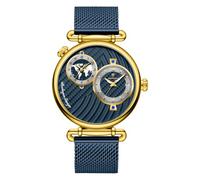 Poedagar Sport Man Wristwatch Multiple Time Zone Display Waterproof Calendar Men Watch Mesh Stainless Steel Men's Quartz Watches, Gold Blue