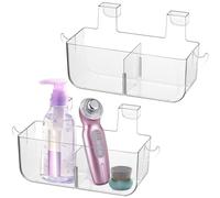 poeland 2 Pack Over Cabinet Door Organizer, Plastic Storage Bin with 2 Hooks, Over Cabinet Holder for Kitchen, Pantry, Bathroom, Inside or Outside Door (Transparent)