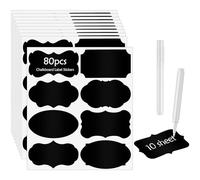 Poeland 80pcs Chalkboard Label Stickers, 8 Assorted Shapes with 2 White Chalk Marker, Reusable Waterproof Label for Jar, Storage Bin, Containers