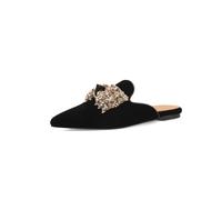 poem princess ya Women's Pointed Toe Mules, Black Velvet Flat Backless Slide Mules with Gold Sequin Bow, Elegant Slip On Dress Mules for Wedding Guest, Party, Office Daily Wear