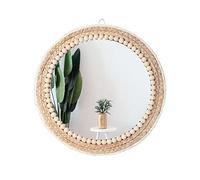 Poeme Boho Wall Mounted Round Mirror - 15 Inch Circle Rattan Decorative Hanging Mirror for Bedroom, Living Room & Bathroom
