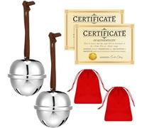 Poen 2 Sets Polar Sleigh Bell Gift 2 Inch Christmas Believe Bells and Certificate of Authenticity Red Velvet Gift Bags Sleigh Bells Reindeer Ornaments for Xmas Party Gifts(Silver)