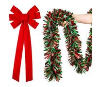 Poen 60ft Christmas Tinsel Garland 10Pcs Large Red Bow, Red Green, Dazzling | 5 Layer Metallic Garland, 30'' Multi Layer Velvet Bows, Twist Ties for Xmas Tree Fireplace Mantel Staircase Railing Decor