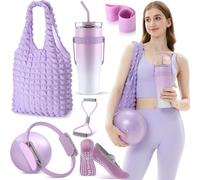 Poen 7 Pcs Pilates Ring Essentials Kit for Women, Home Workout Equipment Set with 11.81 Inch Pilates Circle 9.84 Inch Yoga Ball Resistance Bands Cup Bag Socks for Beginners (Purple)