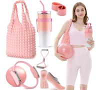 Poen 7 Pcs Pilates Ring Essentials Kit for Women, Home Workout Equipment Set with 11.81 Inch Pilates Circle 9.84 Inch Yoga Ball Resistance Bands Cup Bag Socks for Beginners(Pink)