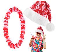 Poen Christmas in July Decoration Set Includes Tropical Santa Hat Hawaiian Leis for Tropical Christmas Luau Party Outfits