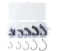 POENVFPO 50pcs Fishing Hooks Set, 5 Sizes Offset Hooks High Carbon Steel with Tackle Box, for Freshwater Saltwater Bass Trout Fishing (Black)