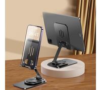 POENVFPO Metal Cell Phone Stand, 360° Rotating Height Adjustable Folding Desk Stand for Phone Tablet, Laptop Dock for Comfortable Viewing Angle (Black)