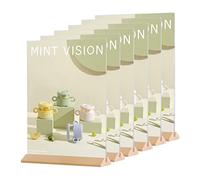 POERMA A5 Acrylic Sign Holder, 6 Pack Plastic Display Stands, Wooden Base Poster Menu Holder for Restaurant, Office, Store, T-shape Table Stand for Double Sided Display