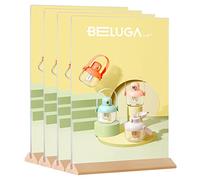 POERMA Acrylic Sign Holder A4, 4 Pack Plastic Display Stands, Wooden Base Poster Menu Holder for Restaurant, Office, Store, T-shape Table Stand for Double Sided Display