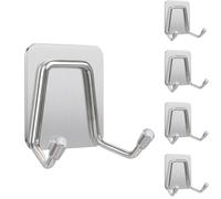 Poeruse 5 Pack Strong Sticky Hooks, Self Adhesive Hooks, Heavy Duty Stick on Wall Hook, No Drilling, for Hanging Towel, Coat, Key, Hook for Back of Door (Silver)