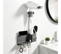 Poeruse Hairdryer Holder Wall Mounted, Hair Dryer Holder with Plug Hook & Storage Basket, Hair Tools Organizer for Dressing Table Bathroom (grey)