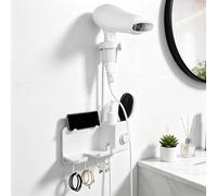 Poeruse Hairdryer Holder Wall Mounted, Hair Dryer Holder with Plug Hook & Storage Basket, Hair Tools Organizer for Dressing Table Bathroom (white)