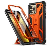 Poetic Compatible with iPhone 13 Pro Case, Spartan Series Phone Case for iPhone 13 Pro 6.1 inch, Full Body Rugged Premium Leather Texture Shockproof Protective Cover with Kickstand, Metallic Orange