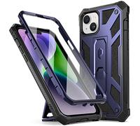 Poetic Compatible with iPhone 14 Case, Spartan Phone Case for iPhone 14 with Screen Protector, Full Body Rugged Premium Leather Texture Shockproof Protective Cover with Kickstand, Metallic Blue