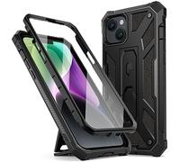 Poetic Compatible with iPhone 14 Plus Case, Spartan Phone Case for iPhone 14 Plus, Full Body Rugged Premium Leather Texture Shockproof Protective Cover with Screen Protector and Kickstand, Matte Black