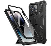 Poetic Compatible with iPhone 14 Pro Case, Spartan Phone Case for iPhone 14 Pro, Full Body Rugged Premium Leather Texture Shockproof Protective Cover with Screen Protector and Kickstand, Matte Black