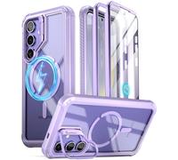 Poetic Guardian Case Compatible with Galaxy S24 5G 6.2 inch,[Built-in Camera Stand][Screen Protector Work with Fingerprint ID] Full Body Hybrid Shockproof Rugged Clear Cover Case, Purple/Clear