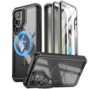 Poetic Guardian Case Compatible with Galaxy S24 5G 6.2 inch,[Built-in Camera Stand][Screen Protector Work with Fingerprint ID] Full Body Hybrid Shockproof Rugged Clear Cover Case, Black/Clear