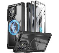 Poetic Guardian Case Compatible with Galaxy S24 Ultra 5G 6.8 inch,[Built-in Camera Stand][Screen Protector Work with Fingerprint ID] Full Body Hybrid Shockproof Rugged Clear Cover Case, Black/Clear