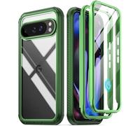 Poetic Guardian Case for Google Pixel 9 Pro XL 5G, Built-in Screen Protector [Work with Fingerprint ID], [2 Front Frame] [Wireless Charge] Full Body Shockproof Rugged Clear Cover Case, Green/Clear