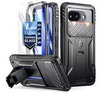 Poetic Revolution Case for Google Pixel 10A, | Slide Camera Cover | Tempered Glass Screen Protector | 20FT Mil-Grade Drop Tested | Full-Body Rugged Dual-Layer Shockproof Cover with Kickstand, Black