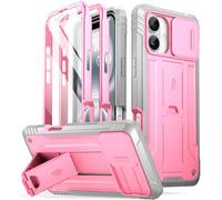 Poetic Revolution Case for iPhone 16 6.1 inch, [Slide Camera Cover], Full-Body Military Grade Rugged Shockproof Cover with Kickstand and Built-in-Screen Protector, Pink