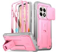 Poetic Revolution Case for OnePlus 13R 5G, [Slide Camera Cover], Built-in Screen Protector [Work with Fingerprint ID], [2 Front Frame] Full Body Rugged Shockproof Case with Kickstand, Light Pink