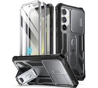 Poetic Spartan Case Compatible with Galaxy S24 5G 6.2 inch, [Slide Camera Cover] [Screen Protector Works with Fingerprint ID] Military Grade Rugged Shockproof Case with Kickstand, Metallic Gun Metal