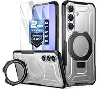 Poetic Spartan Case with Ring Stand for Samsung Galaxy S25 FE, Camera Control Button | 2 Tempered Glass Screen Protector | Magsafe Compatible | for Galaxy S25 FE Cover, Black/Clear