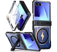 Poetic Spartan for Samsung Galaxy Z Flip 7 Case,[Hinge Protection] [MagSafe Compatible] [Tempered Glass Screen Protector] Full-Body Rugged Shockproof Protective Phone Cover with Kickstand, Black/Clear