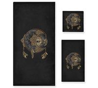 Poeticcity Chic Tattoo Golden Crescent Moon and Sun Mandala Astrology Set of 3 Highly Soft Absorbent Cotton Towels, 1 Bath Towel, 1 Hand Towel, 1 Face Washcloth for Spa Bathroom Hotel Kitchen Gym