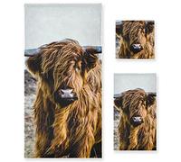 Poeticcity Earth-Yellow Scottish Highland Cow Vintage Style Set of 3 Highly Soft Absorbent Cotton Towels, 1 Bath Towel, 1 Hand Towel, 1 Face Washcloth for Spa Bathroom Hotel Kitchen Gym