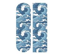 Poeticcity Japanese Abstract Blue and White Waves Seamless Pattern Waterproof Skateboard Grip Tape, Anti Slip Longboard Scooter Griptapes, Durable Sand Paper Sheet Sticker Sandpaper 9"x33"