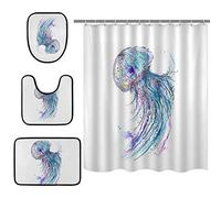 Poeticcity Jelly Fish Ethnic Style Turquoise Black Colorful Pattern 4 Pcs Bath Curtain with Rugs (Bath Mat, U Shape Mat, Toilet Lid Cover Mat) with Hooks, Waterproof Shower Curtain with Doormats