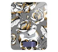 Poeticcity Seamless Gold Gray Skull Rose Flowers on Gray Tempered Glass Kitchen Scales, Digital Weight Grams and Oz Food Scales for Cooking Baking Meal Prep Home Weight Loss Health Diet