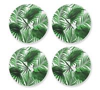 Poeticcity Seamless Green Tropical Palm Leaves on White Background 4 Set Wood Mug Coaster, Cup Mat Pad for Kinds of Mugs, Oversize Stone Coasters Holder with Cork Base Housewarming Drinks Gifts