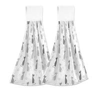Poeticcity Seamless Grey Black Cats Silhouettes on White 2 PCs Hanging Kitchen Hand Towel, Dish Dishcloth Towels with Hanging Loop, Absorbent Tea Bar Bath Tie Towel for Tabletop Kitchen