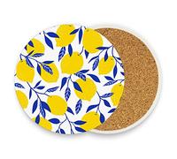 Poeticcity Seamless Tropical Yellow Lemons Blue Leaves on White 4 PCs Ceramic Mug Coaster for Drinks, Stone Coasters Holder with Cork Base, Oversize Cup Mat Pad for All Mugs, Housewarming Gift